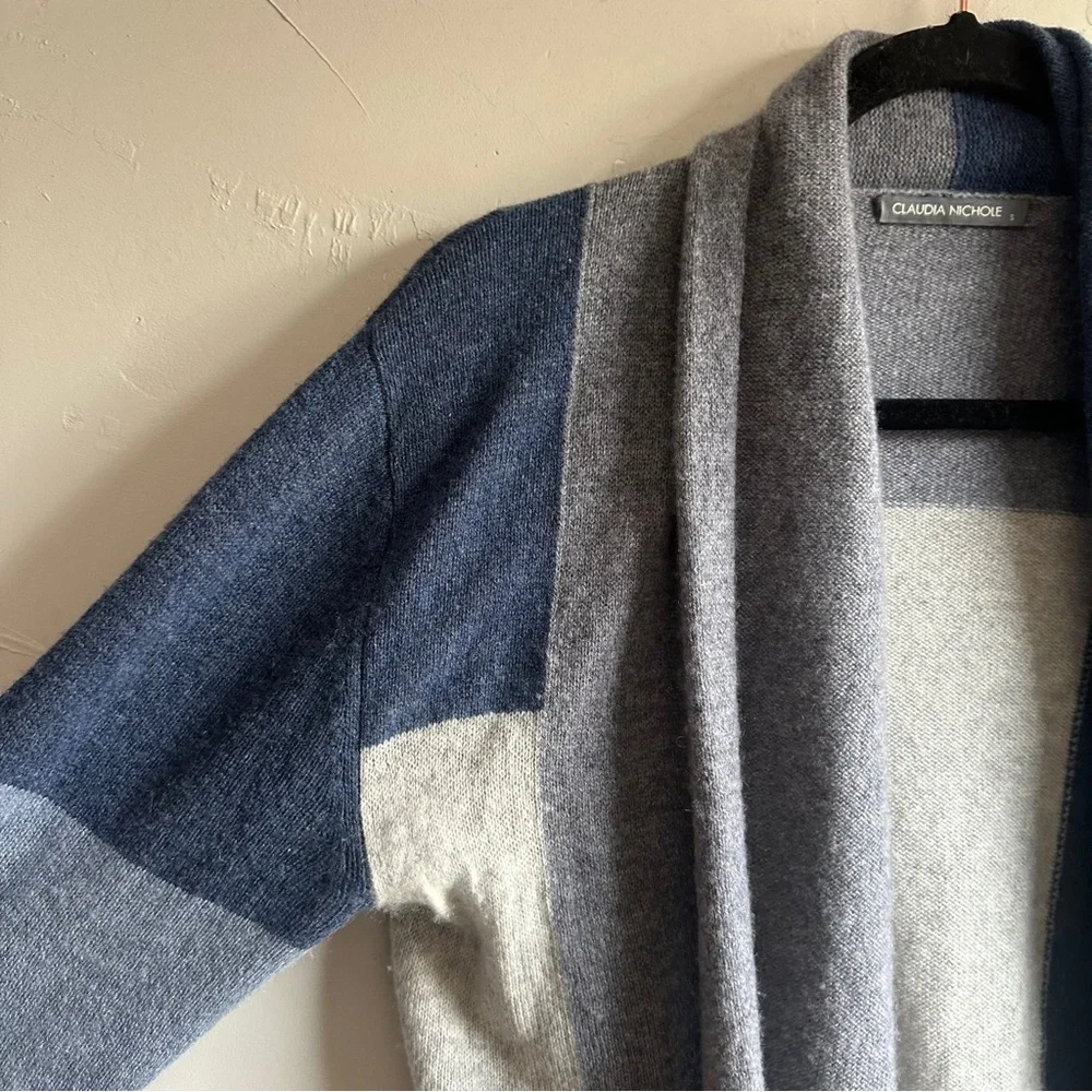 Cashmere Open Front‎ Cardigan Sweater Blue Gray Colorblock Minimalist Cozy Luxe